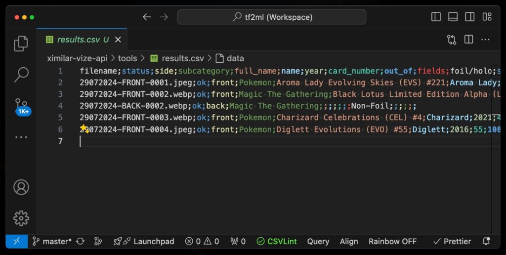 How to analyze trading card scan with AI: a visualization of the CSV file in Visual Studio Code.