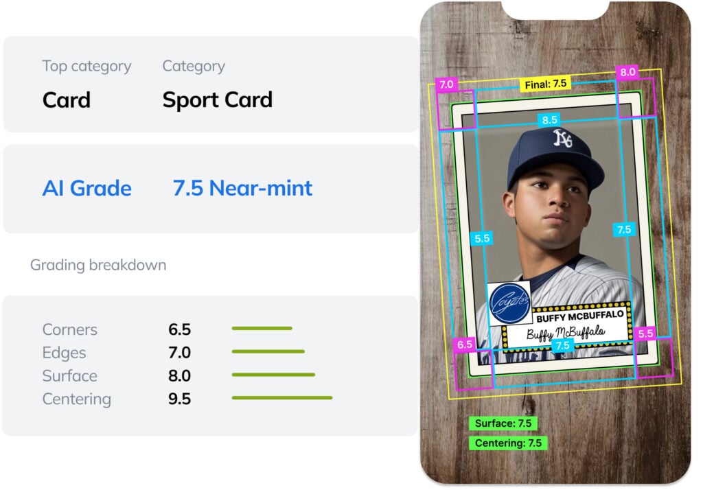 Visual AI for collectibles by Ximilar: automatic surface defects' detection on a collectible baseball card.