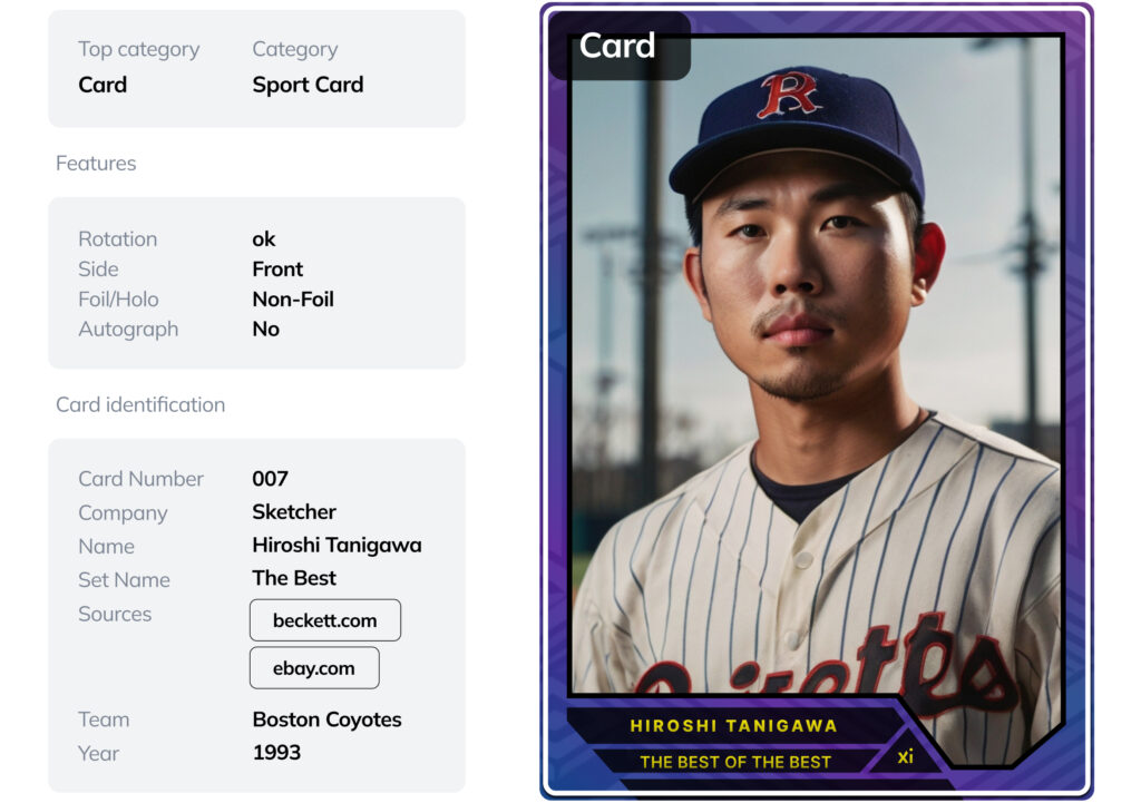 Ximilar AI analyses the sports cards and provides detailed information about them, including links to marketplaces.