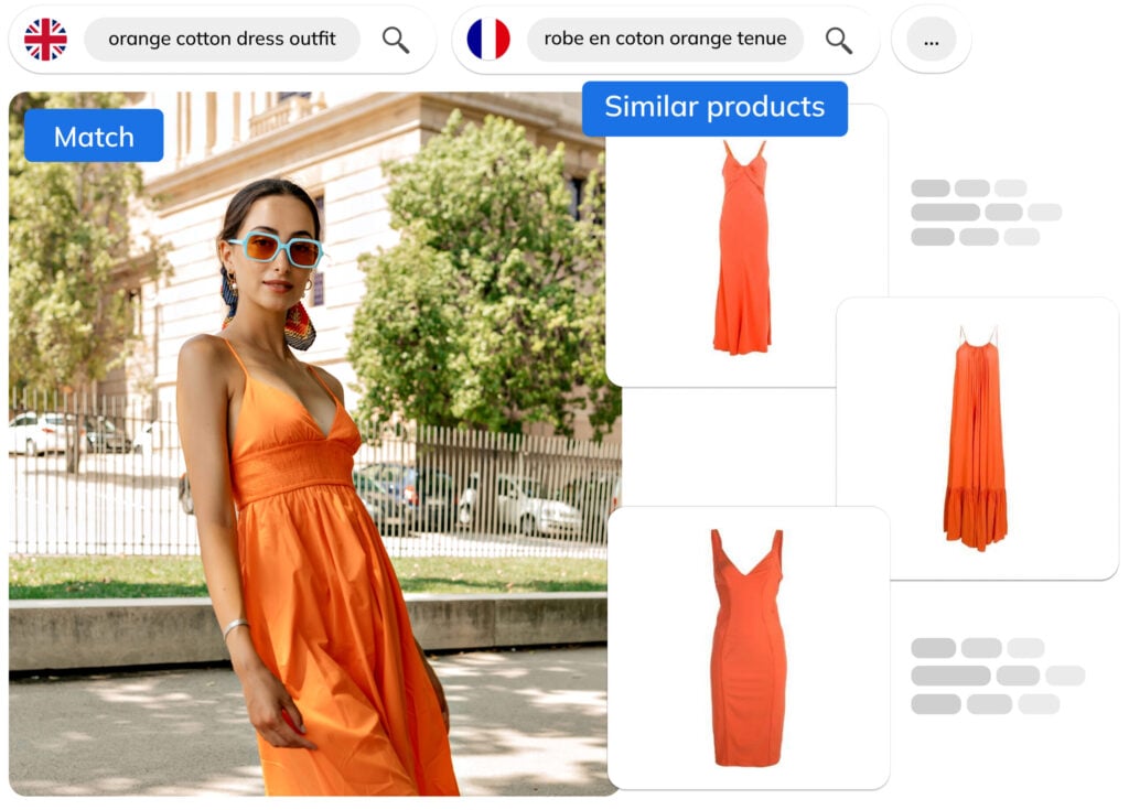 Multilingual text-to-image fashion search by Ximilar actually understands the natural language in your search prompt and provides the most relevant images or products.