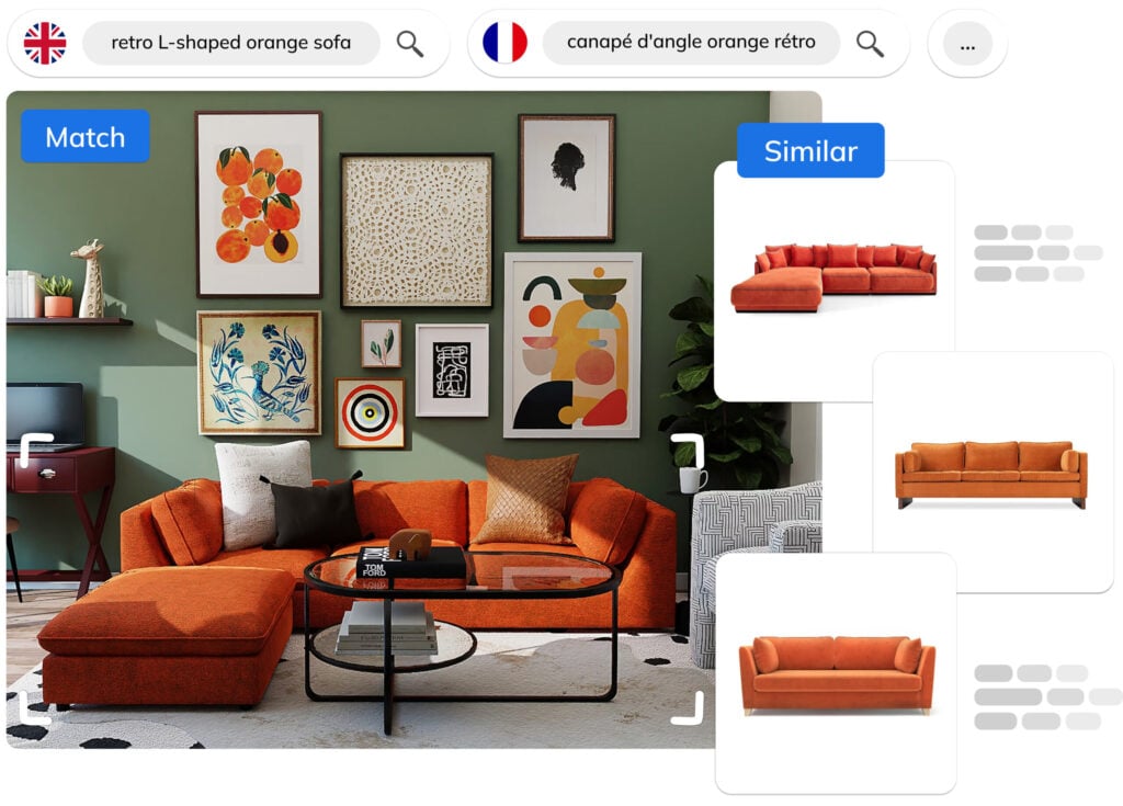 Multilingual text-to-image search by Ximilar understands natural language prompts in various languages, delivering the most relevant home décor and furniture pieces.